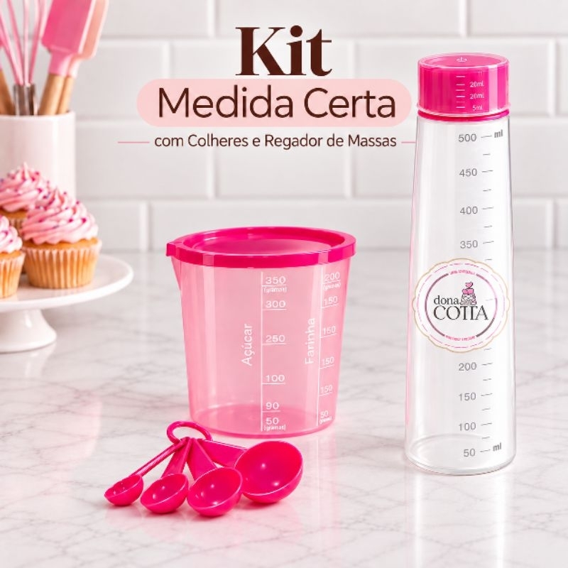 Kit Confeitaria Regador Bisnaga + Copo Medida Certa (400ml) com tampa + 4 colheres medidoras