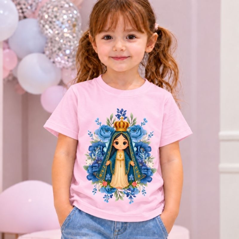 Camiseta Infantil Nossa Senhora Aparecida Menina Fé Religiosa Católica Estampada Personalizada Infantil