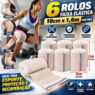 Kit 6 Bandagens Elásticas 10cm x 1,6m Faixa de Compressão para Esporte Tornozelo Joelho Pulso