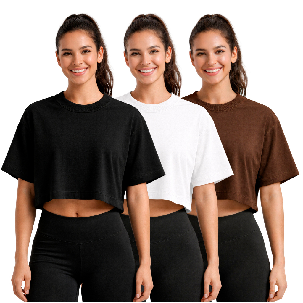 Kit 3 Cropped Oversized Feminina Básica Lisa 100% Algodão Look Estiloso Confortável Casual Moda
