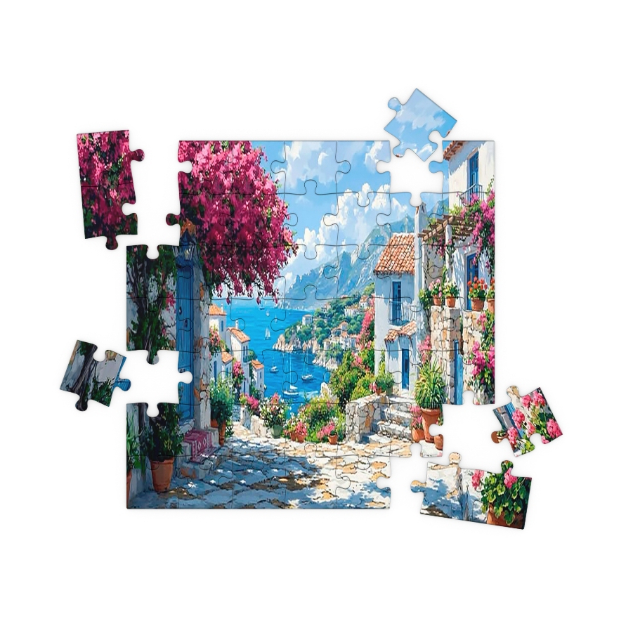 Quebra Cabeça MDF Praia Mar Azul Santorini - 100 Peças Puzzle Oferta!