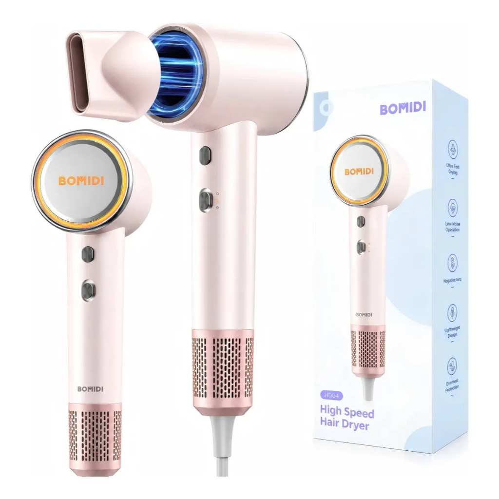 Secador de Cabelo 1600W Profissional BOMIDI Alta Potência Íon Negativo Baixo Ruído 4 Níveis de Temperatura