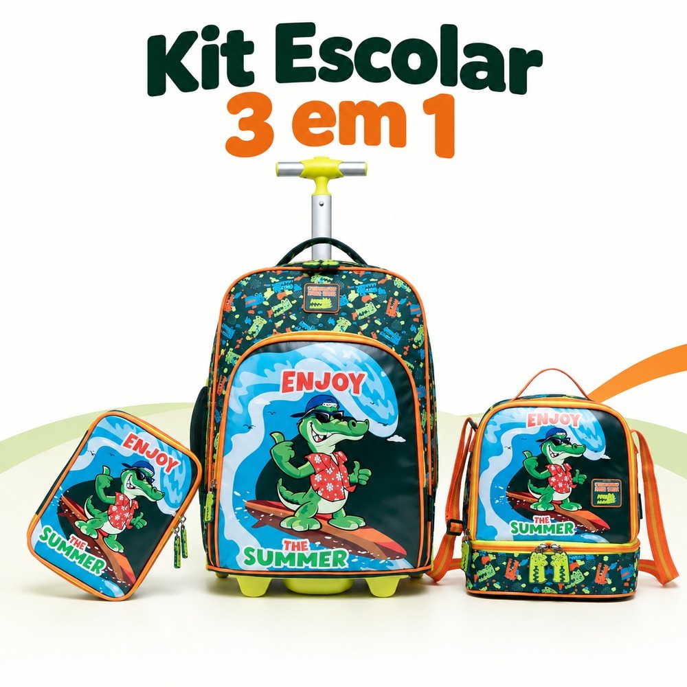 Kit Mochila de Rodinhas Infantil Crocodilo Menino Lancheira Térmica Estojo Perfect For You
