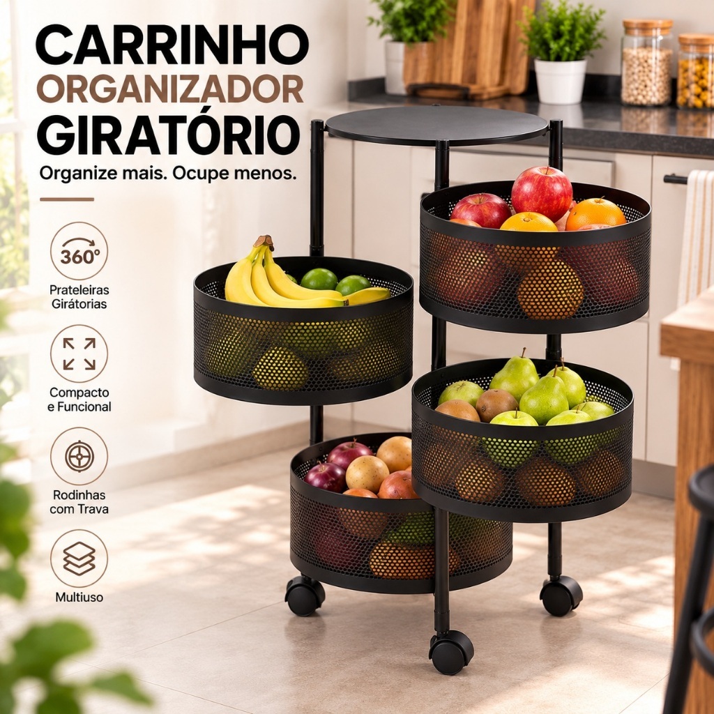 Carrinho Organizador Giratório 4 Prateleiras com Rodinhas Multiuso Cozinha Banheiro Lavanderia Preto