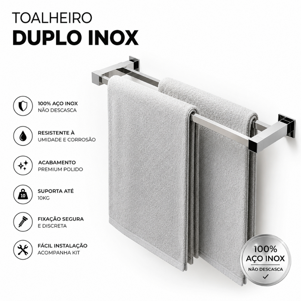 Porta Toalha Banheiro, Toalheiro Duplo Inox 304, 70cm