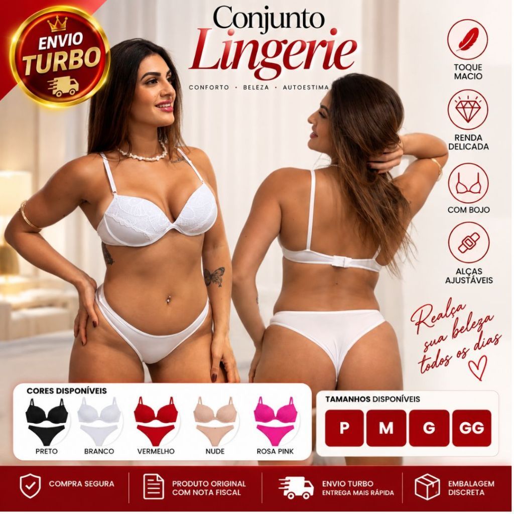 Conjunto de Langerie Feminino Confortavél Calcinha e Sutia Com Bojo Reforçado Tamanho P M G GG