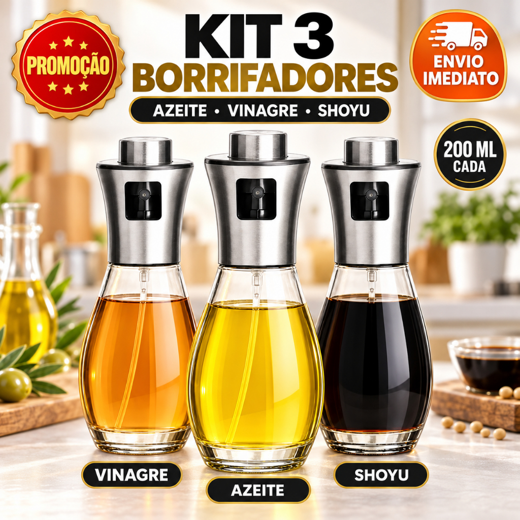 Borrifador de Azeite 200ml Vidro e Inox Spray Pulverizador para Óleo Vinagre e Temperos Galheteiro Cozinha Airfryer
