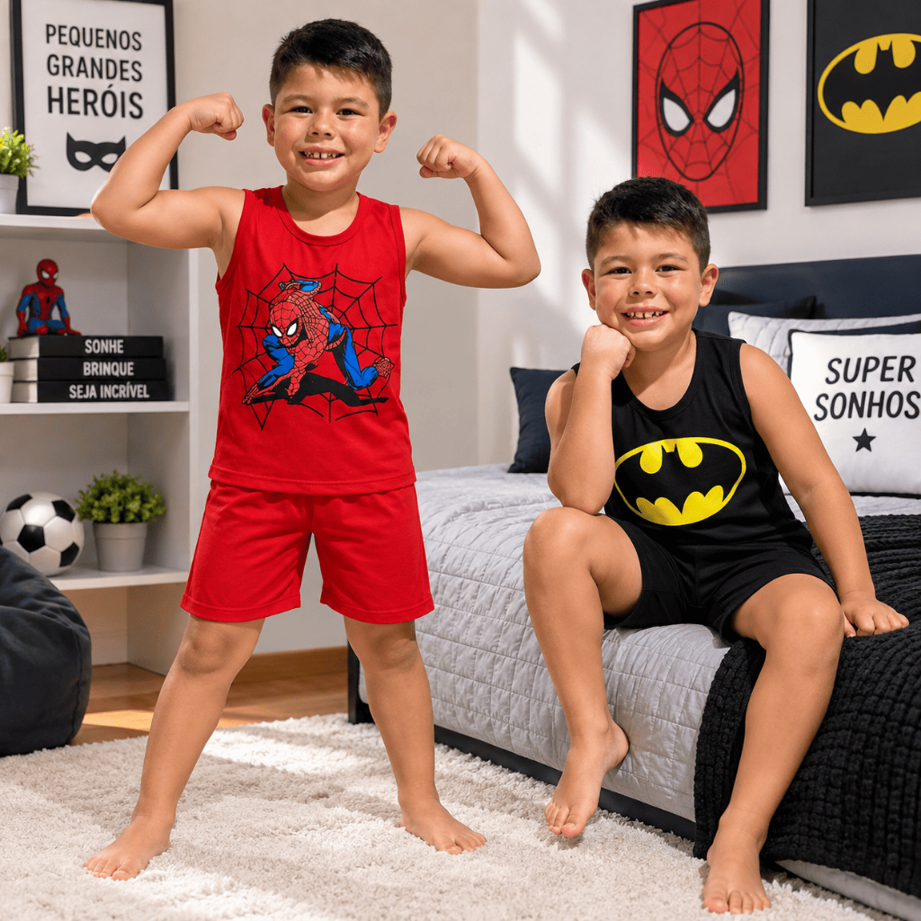 Kit 2 Pijamas Infantil Masculino Super-Heróis Estampado Confortável Leve Promoção