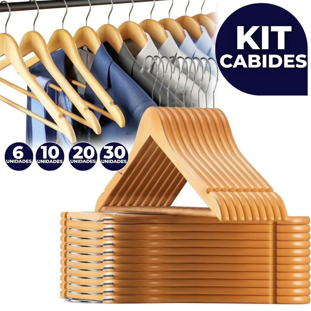Kit Até 30 Cabides De Madeira Premium Marfim Para Roupas Calça Gancho Cromado
