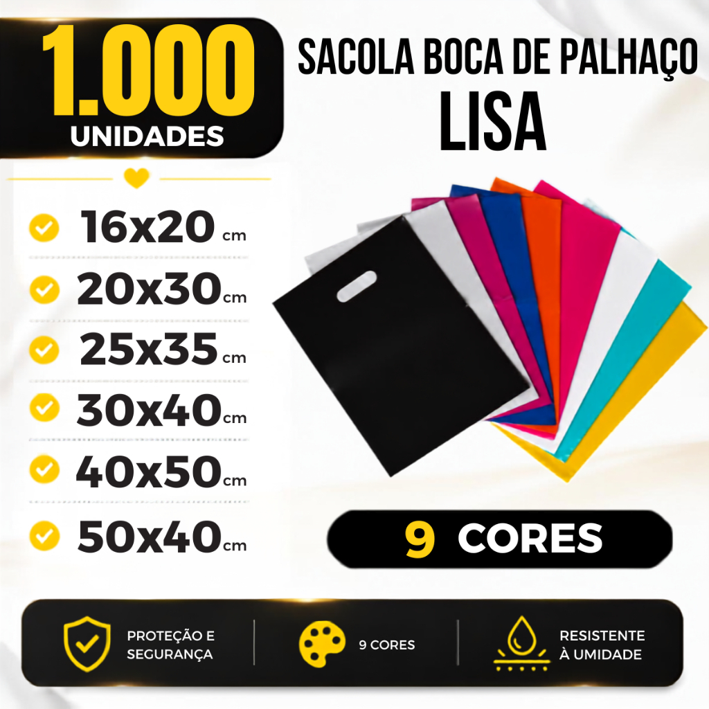 Kit 1000 Sacola Boca de Palhaço 16x20 20x30 25x35 30x40 40x50 50x40 Sacolinha para Lojas Sacolas Boca de Palhaço