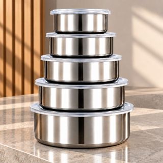 Kit 5 Tigelas Inox Com Tampa Potes Redondos 250ml a 1200ml Jogo de Pote Hermético Cozinha