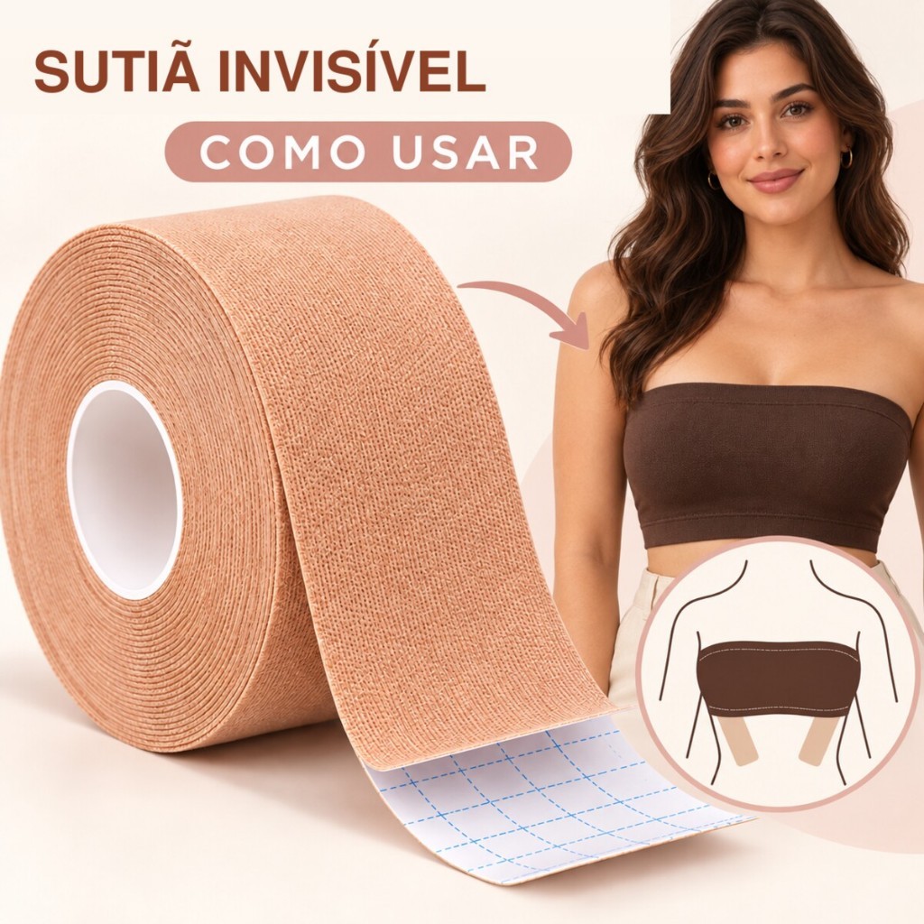 Fita Levanta Seios Boob Tape 5m Adesiva Alta Sustentação Sutiã Invisível para Decote Vestido sem Alças