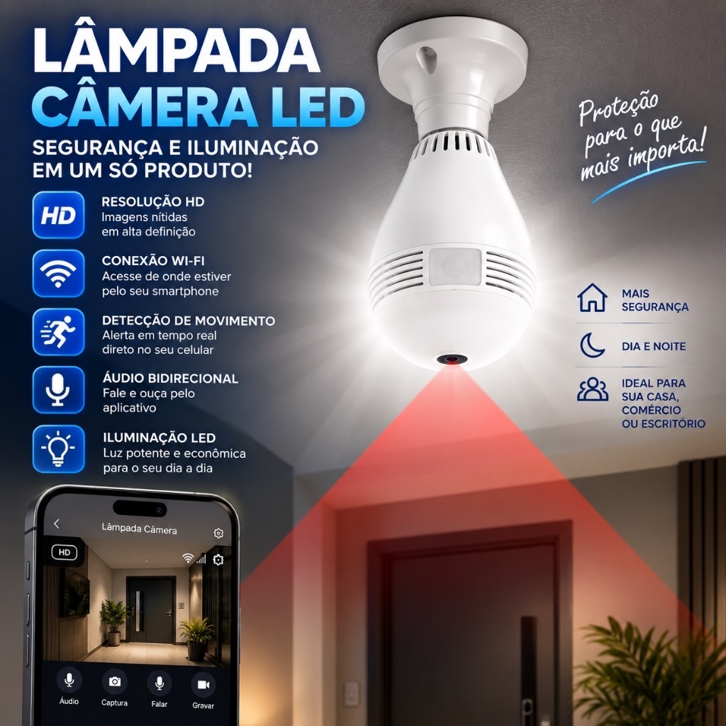 Câmera Lâmpada WiFi 360° Visão Panorâmica Acesso Remoto pelo Celular Full HD Promoção