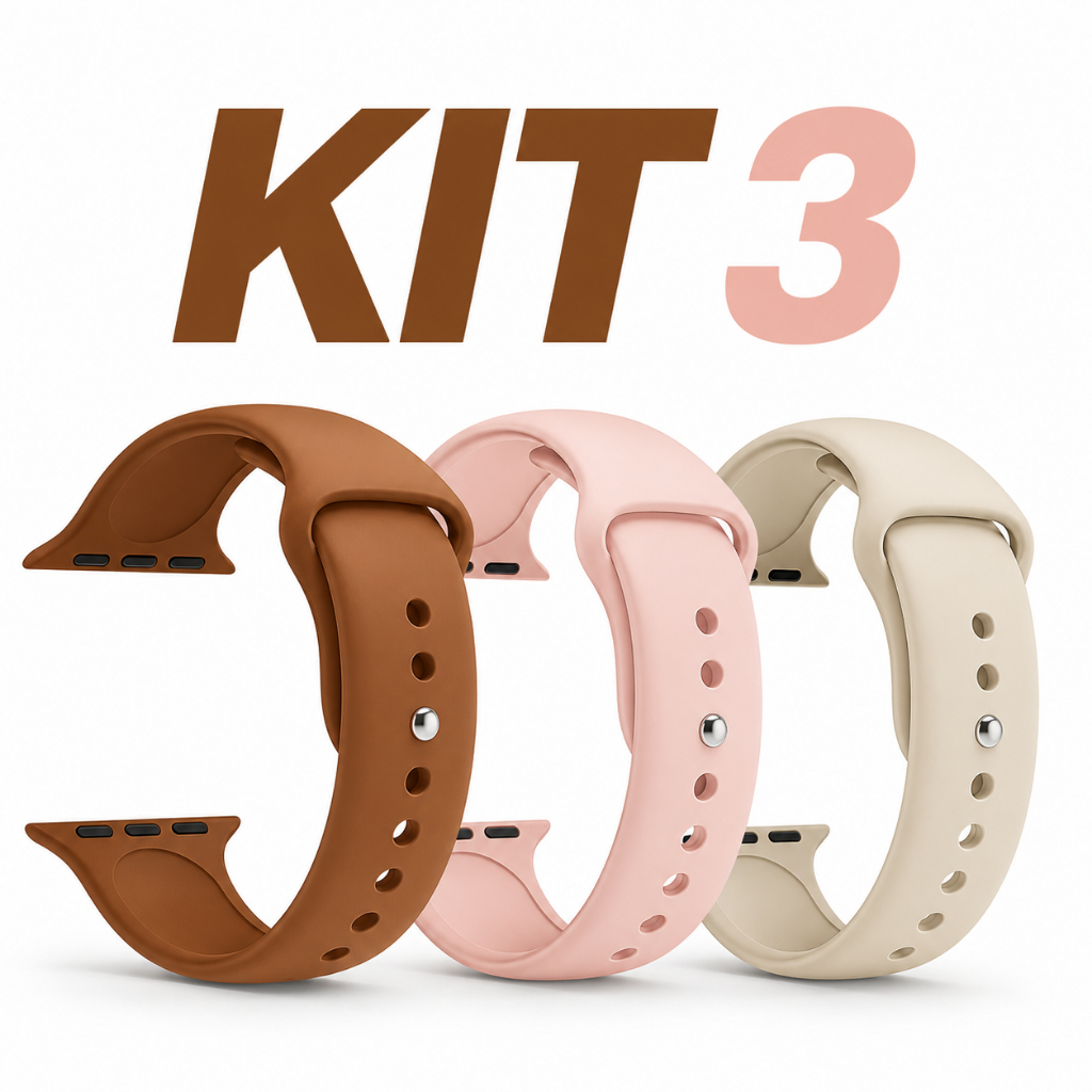 Kit 3 Pulseiras Silicone Premium para Apple Watch Smartwatch Ultra 42mm a 49mm Soft Luxo Reforçada Confortável