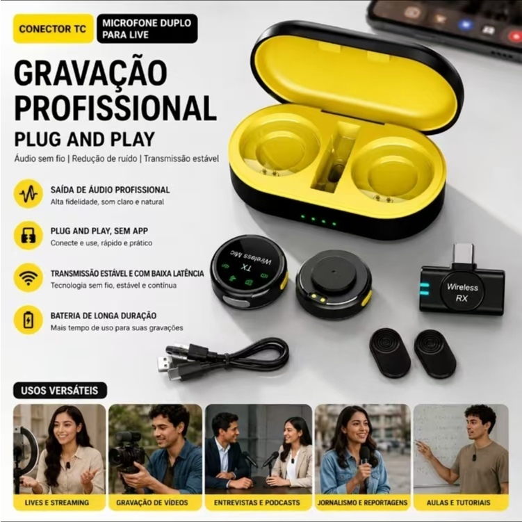 Microfone de Lapela Sem Fio AGOLD MCF-38D Magnético Duplo– Para Celular, Live, Entrevista e Gravação - El-1861