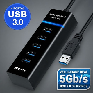 Hub USB 3.0 4 Portas ONEX Alta Velocidade 5Gbps Plug and Play para Notebook e PC
