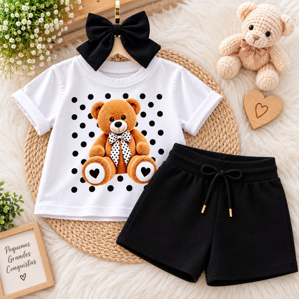 Conjunto Infantil Feminino Camiseta Manga Curta Algodão e Short Moletinho Urso Confortável e Estiloso Menina