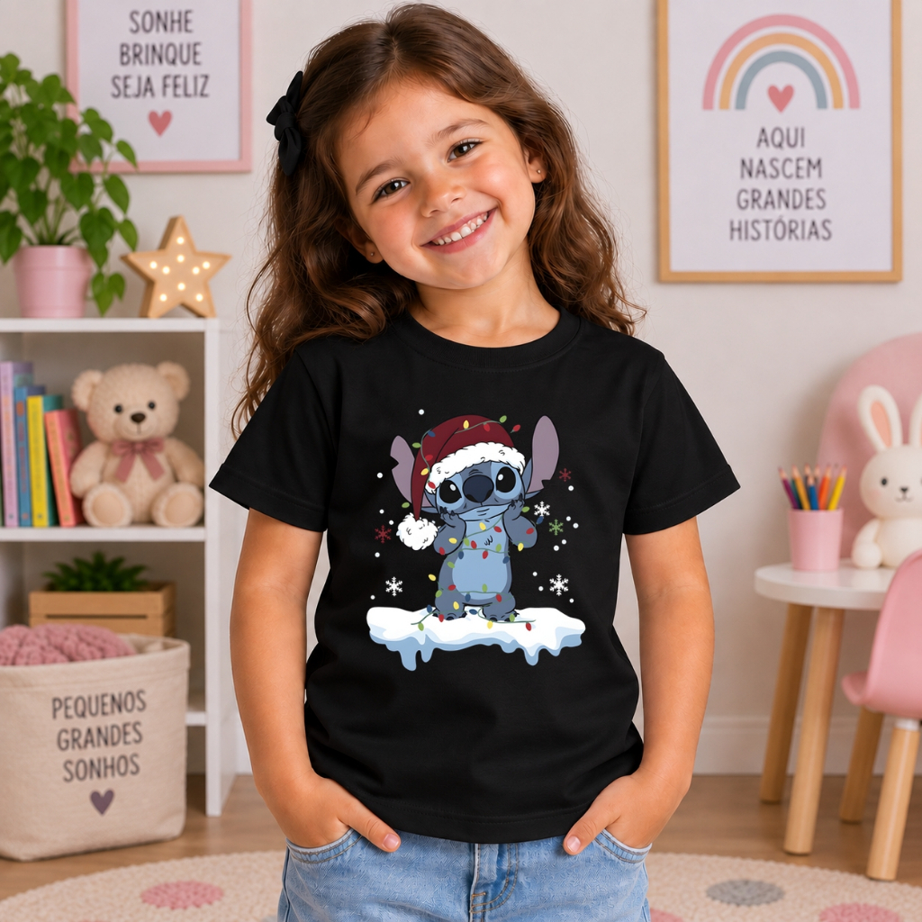 Camiseta Infantil Feminina 100% Algodão Stitch Noel Estampa DTF Confortável Manga Curta