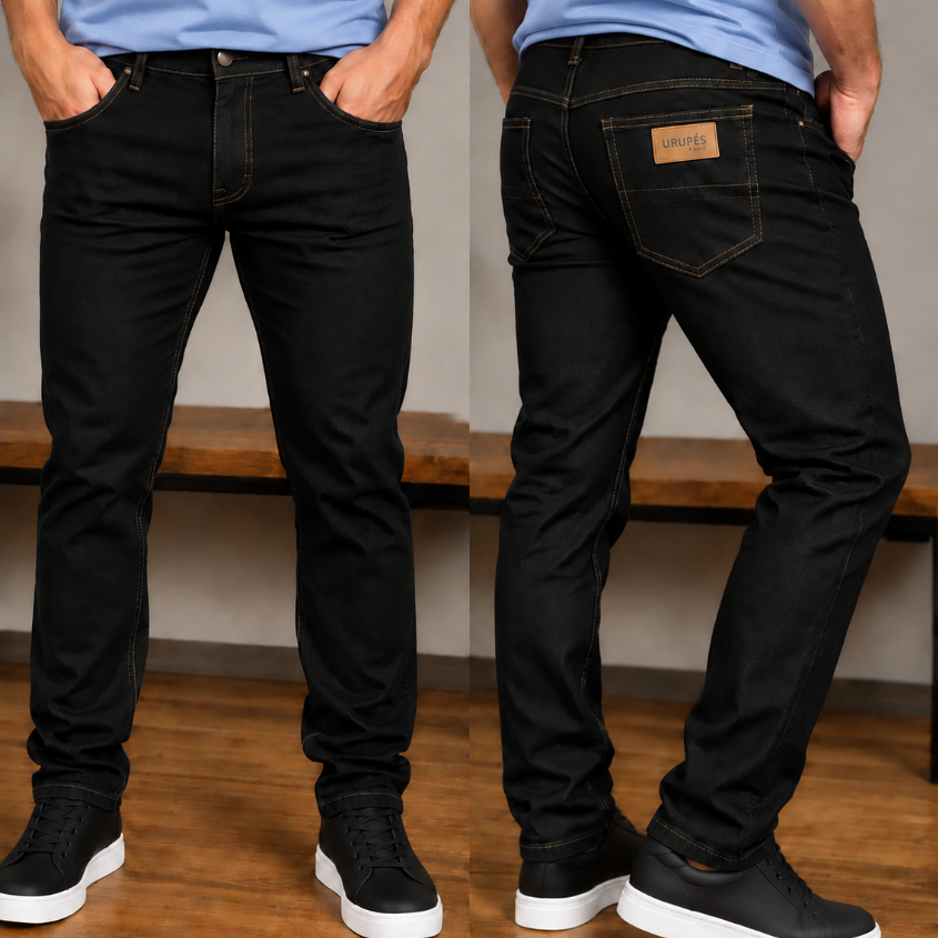 Calça Jeans Masculina Preta Tradicional Reta para Trabalho com Elastano Lycra Reforçada