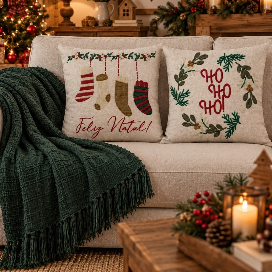 Kit 2 capas natalinas + manta algodão natal decorativo luxo 120x180cm decoração Natal sofá cama poltrona Verde Vermelho