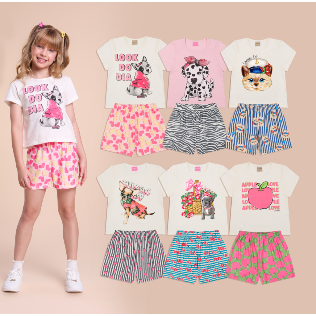 Kit Sortido 6 Peças de Roupas Infantil Menina 3 Camisetas Algodão + 3 Bermudas -Composto 3 Conjuntos Infantil Menina