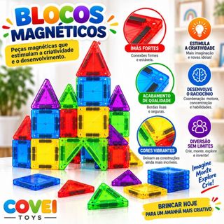 Kit Blocos Magnéticos 42/56 Peças Transparentes De Montar Coloridas Infantil Crianças Menino Menina