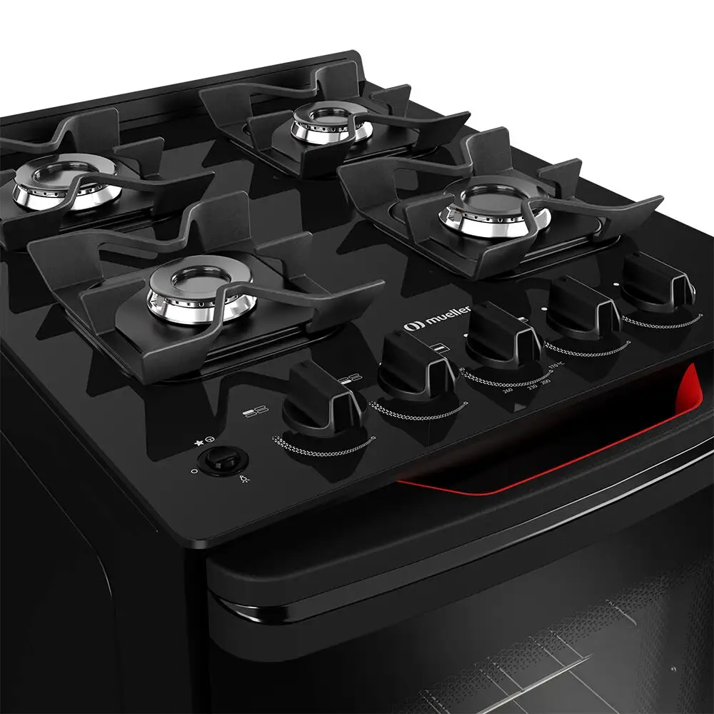 Fogão Mueller 4 Bocas Mesa de Vidro, Grades Ferro Fundido, Forno 48,1L Bivolt MFV4BF — imagem 2 de 2