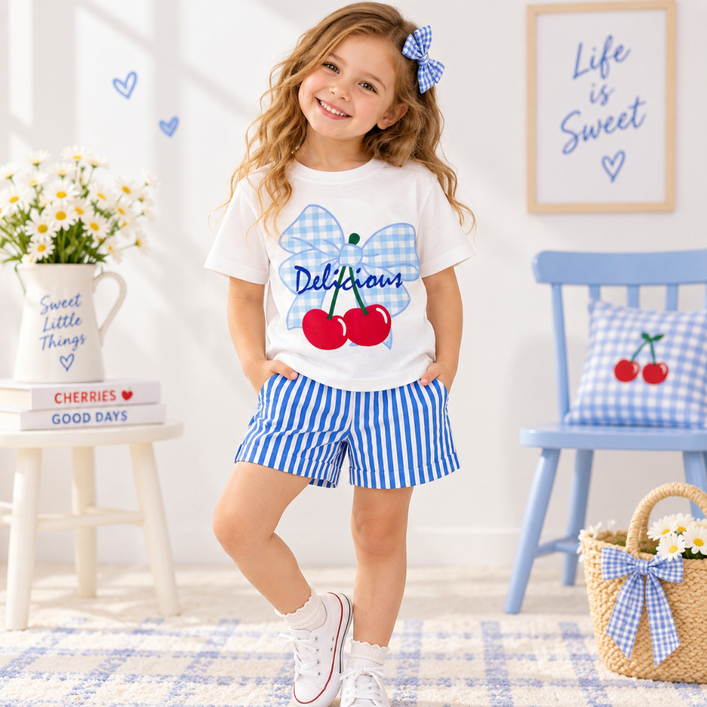 Conjunto Infantil Feminino Menina Camiseta 100% Algodão Short Listrado Cereja Verão Estampa Fofa