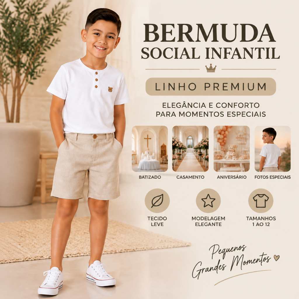 Bermuda Infantil Menino Social em Linho Premium | Short Elegante Para Casamento, Batizado, Festa e Aniversário