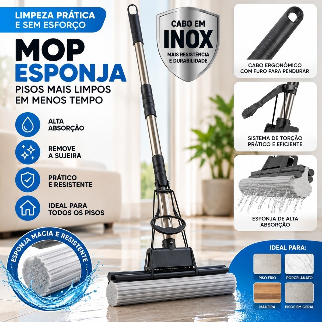 Mop Esponja Rodo Mágico 2 em 1 Alta Absorção Cabo Inox 130cm Espreme Enxuga Piso Limpeza Prática
