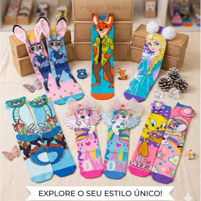 Meia Maluca 3D Cano Alto Unissex Modelos Coloridos e Criativos Tamanho Único do 25 ao 40