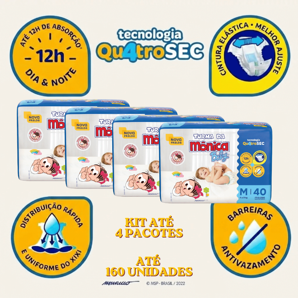 Fralda Turma da Mônica Baby M | 40, 80, 120 ou 160 Unidades | Tecnologia Qu4troSec | Tamanho M