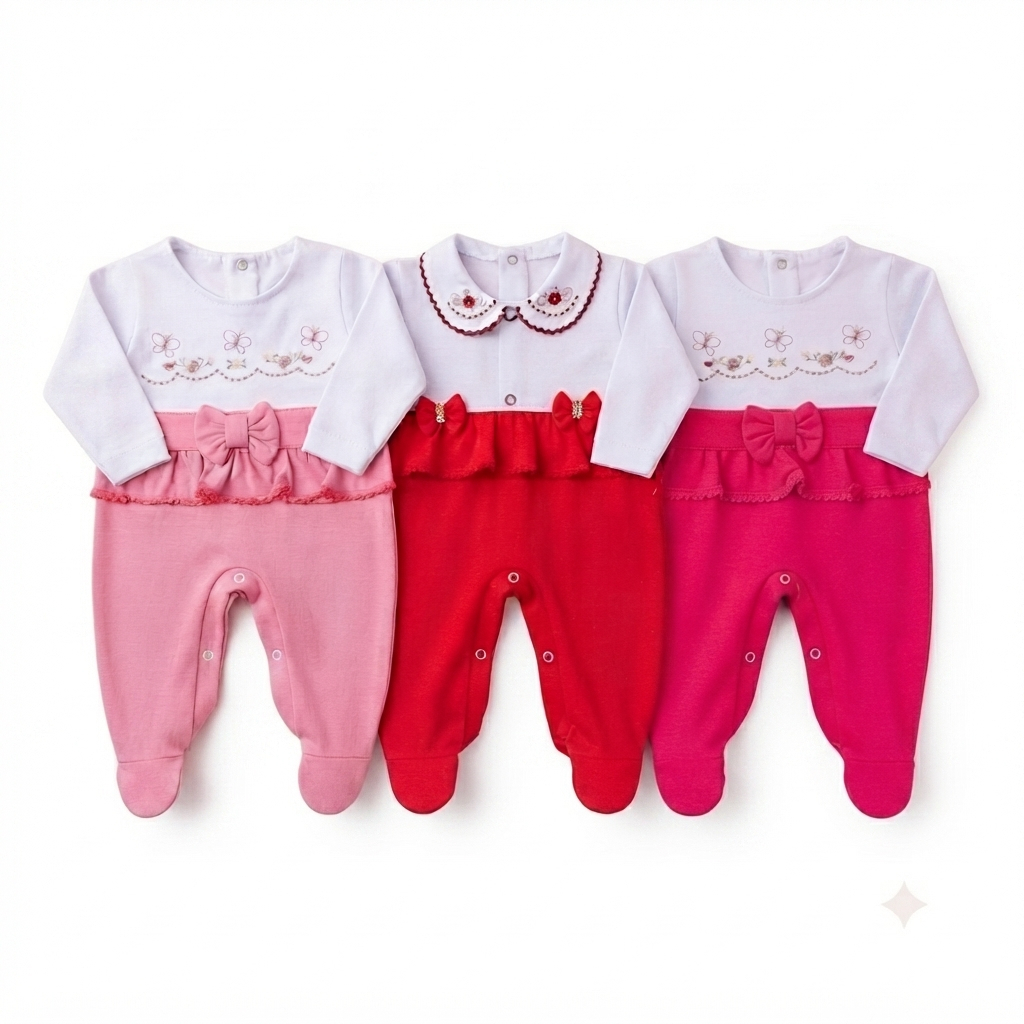 Kit 3 Macacão Bebê Manga Longa Enxoval Em Algodão Premium Confortável RN & P