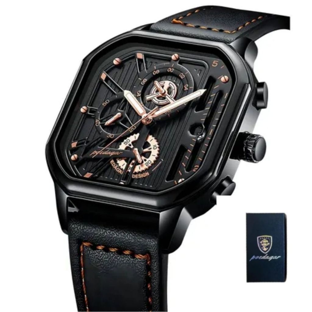 Relógio Masculino de Pulso Poedagar 628 Cronógrafo Luminoso Couro Preto Quartzo Prova D'água com Calendário