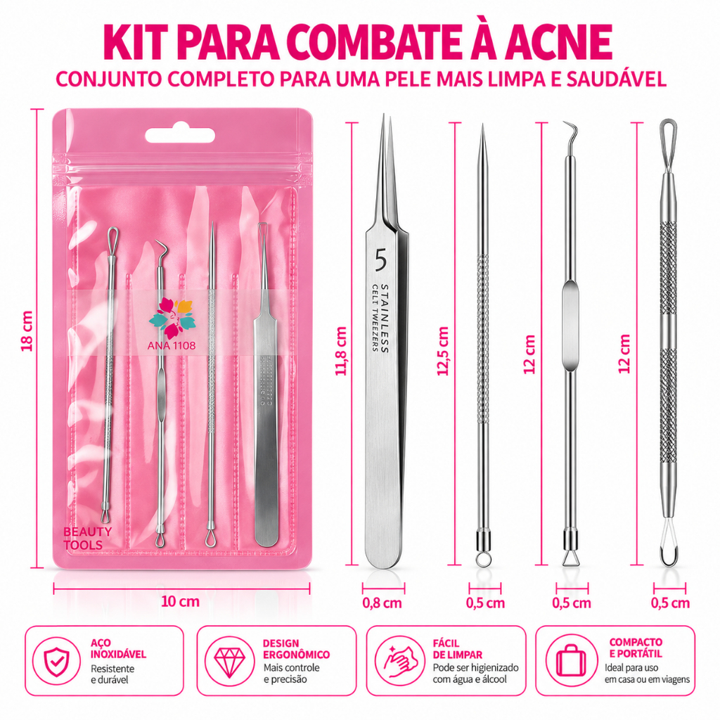 ANA1108 Kit Beleza Pinças para Cravos Espinhas Acne Cuidados com Unhas Aço Inoxidável