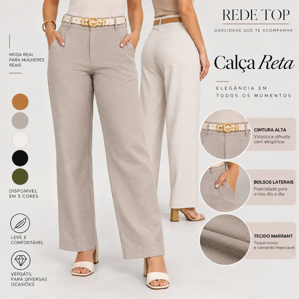 Calça Alfaiataria Feminina Social Cintura Alta Reta Tecido Marrant com Bolso Lateral