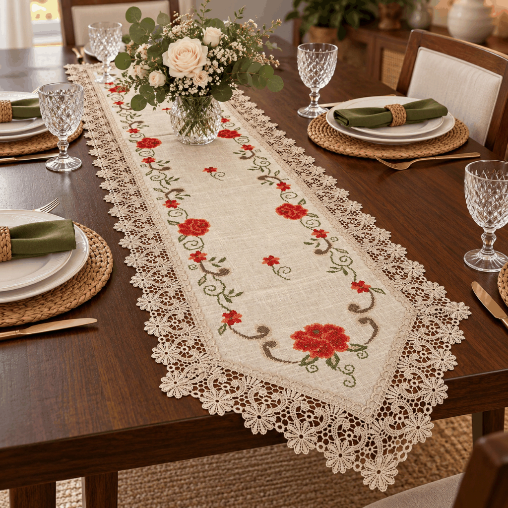 Caminho de Mesa de Jantar Ponto Cruz Renda Guipir Luxo Bordado Floral Mesa Posta 148/178/218cm