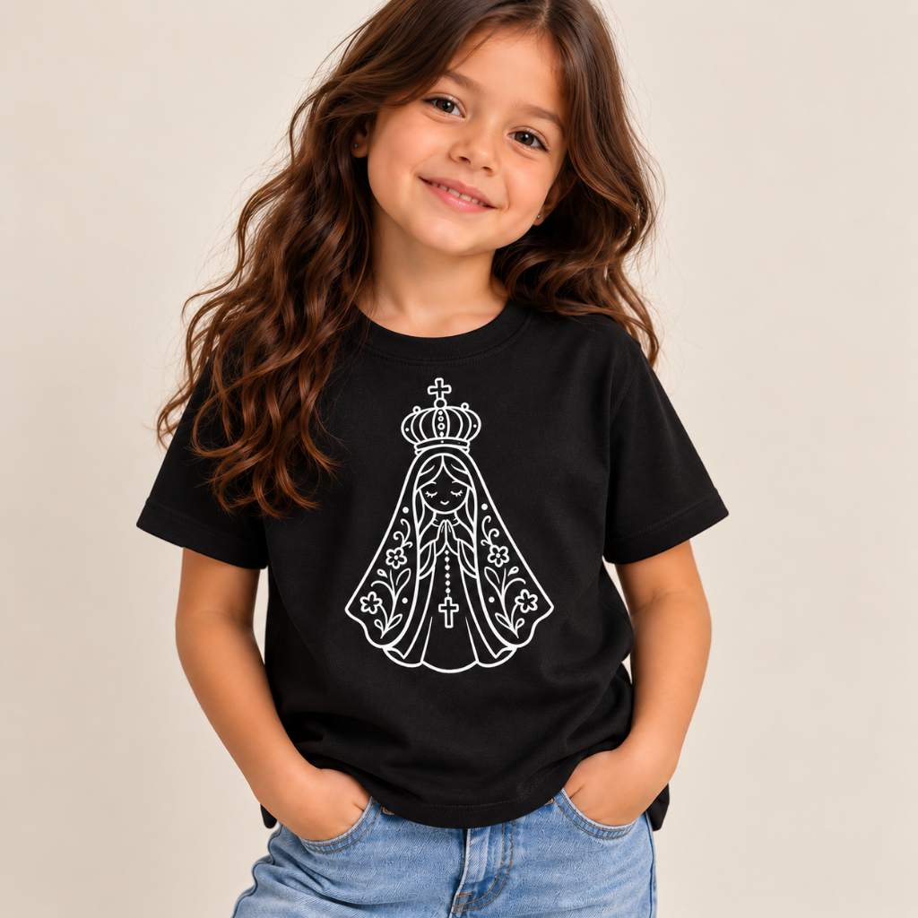 Camiseta Infantil Nossa Senhora Aparecida Unissex Menino e Menina Estampada 100%Algodão 30.1 Penteado Criança