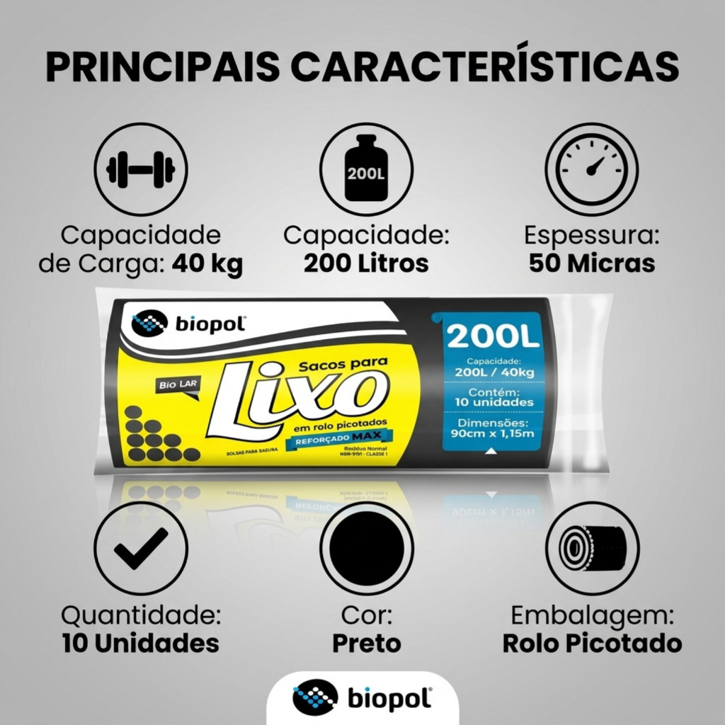 Saco de Lixo Reforçado Max Preto 200L com 10 Unidades