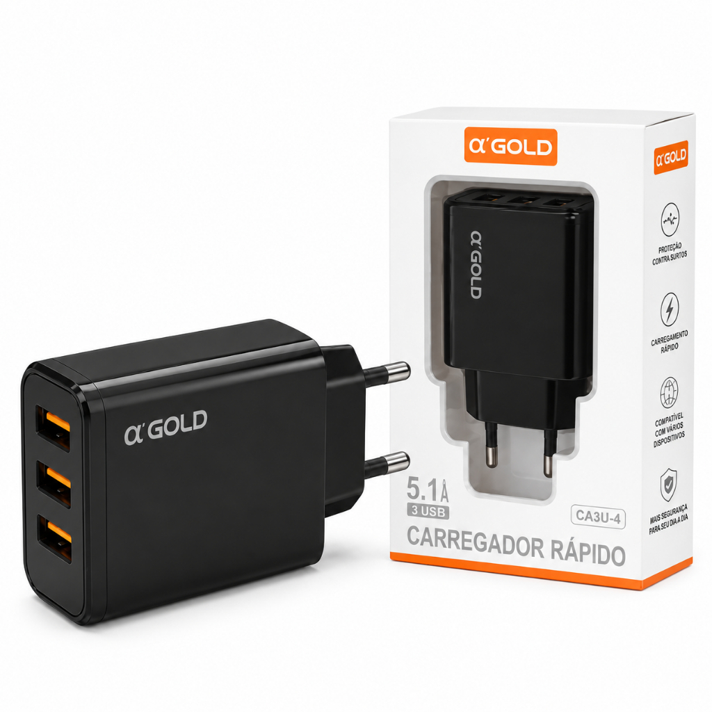 Fonte 3 Entradas USB Carregador Celular Rápido Original α'Gold