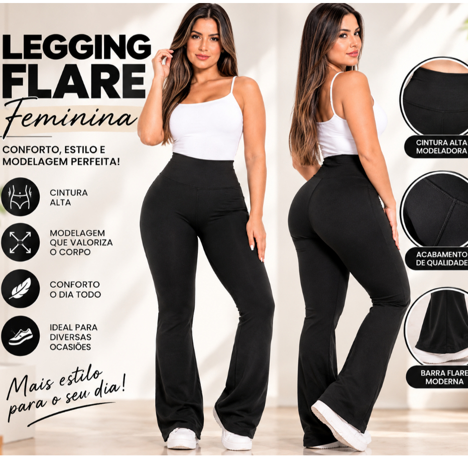 Calça Legging Flare Feminina Cintura Alta Modeladora Confortável Academia Casual