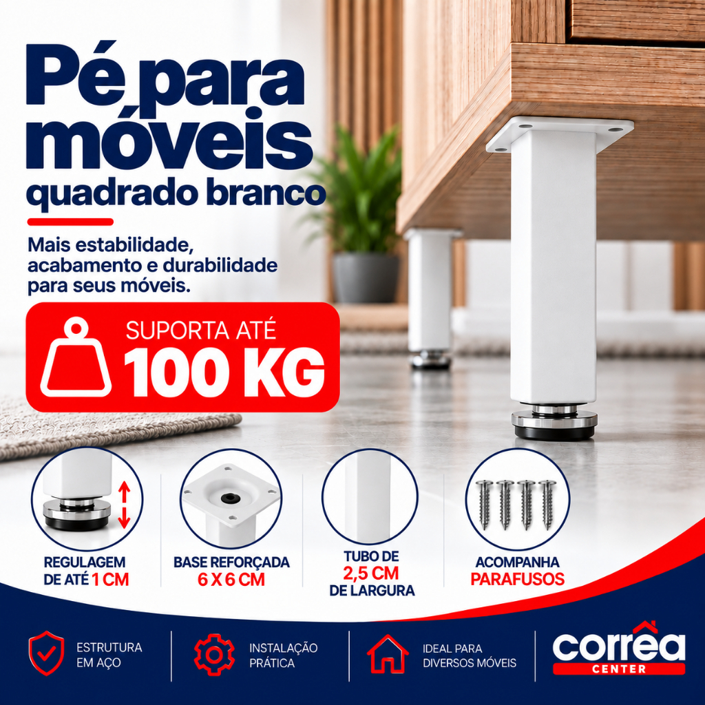 Pé para Móveis em Aço Branco Quadrado Armário Rack Gabinete Balcão Regulável 10 15 20cm