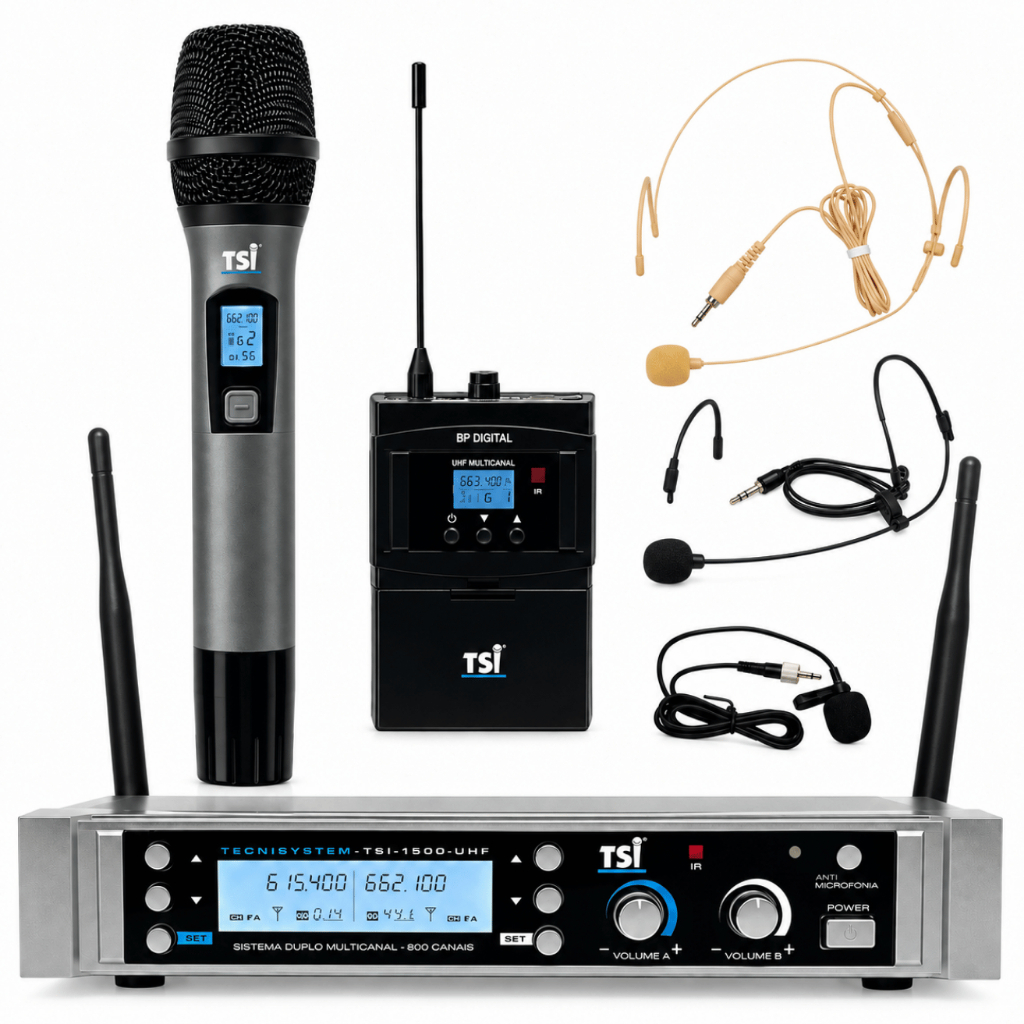 Microfone Sem Fio TSI 1500 CLI UHF 800 Canais Microfone De Mão Bodypack Headset Lapela Case