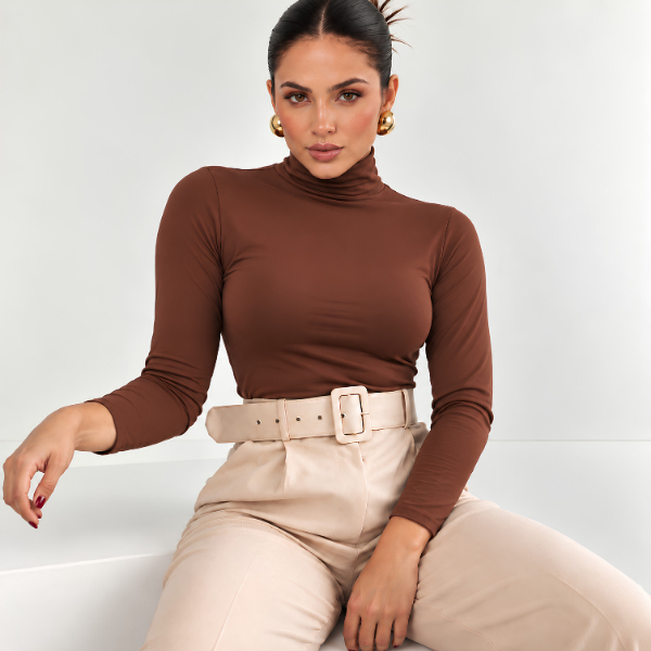 Blusa Feminina Manga Longa Suede Cacharrel Confortável Básico Gola Alta