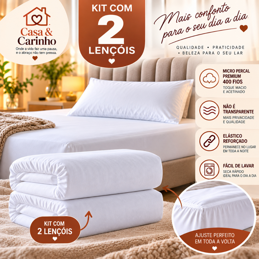 Kit 2 Lençol Elastico Casal Queen Micropercal 400 Fios Branco Elástico em Toda Volta kit com 1 e 2 — imagem 2 de 2