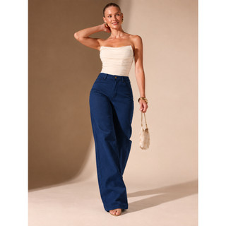 Calça Feminina Wide leg Modelagem Confortável com Zíper Lateral e Cós Ajustável