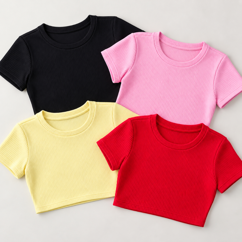 Cropped Feminino Canelado Manga Curta Blusa Canelada Gola Redonda Poliamida Básico Casual Verão Blusinha Várias Cores