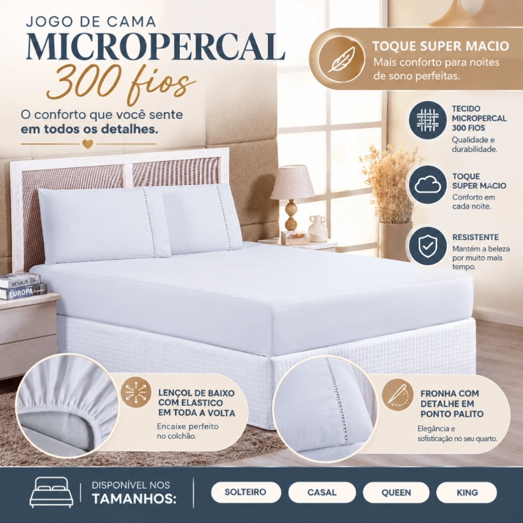 Jogo de Lençol Cama Casal Queen King Solteiro Micropercal 300 fios Toque Macio Suave