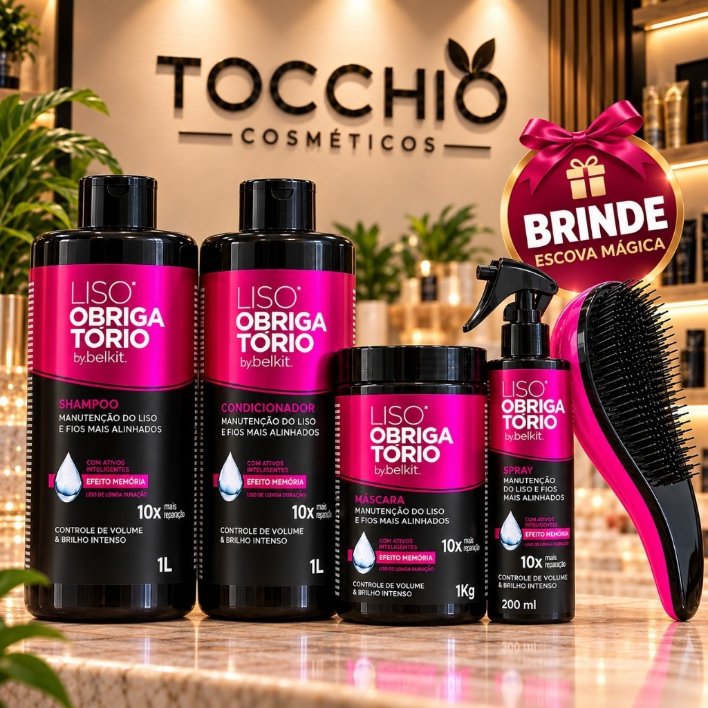 Linha Capilar PROFISSIONAL Liso Obrigatório BELKIT 1L Shampoo Condicionador Máscara Spray + Escova