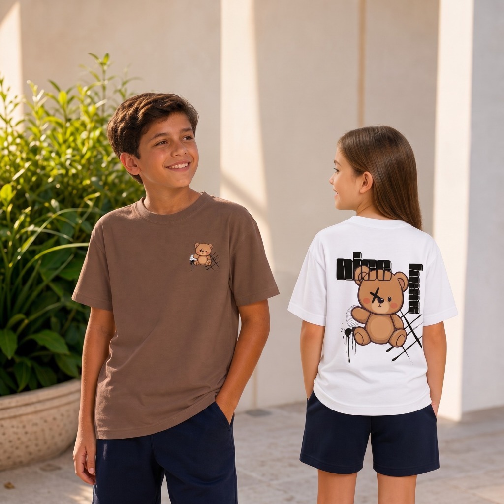 Camiseta Infantil Estampada Ursinho Paris Algodão Manga Curta Unissex Básica Premium Menino Menina Feminino Masculino